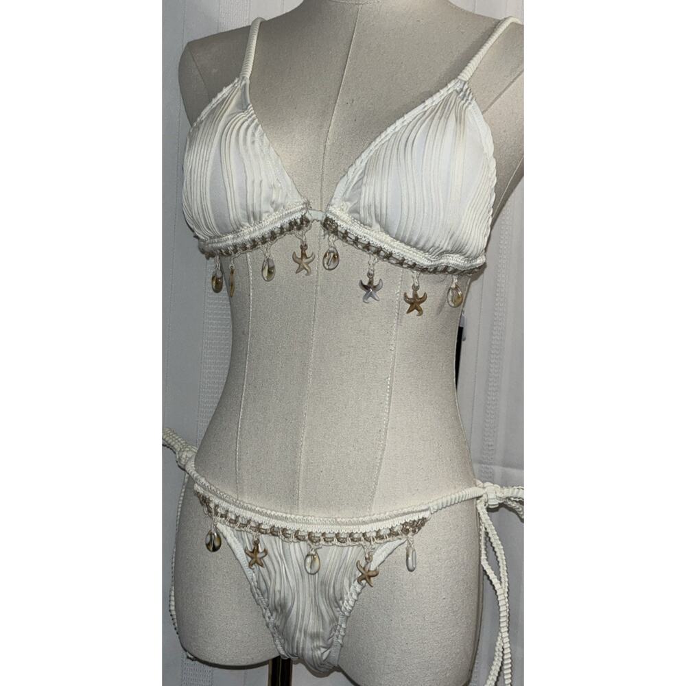 Sexy Triangle Halter Wrinkled Bikini with Starfish & Lobster Claw Shells White S